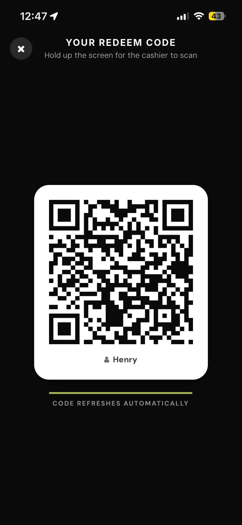 The redeem code in the coup app, ready to be scanned