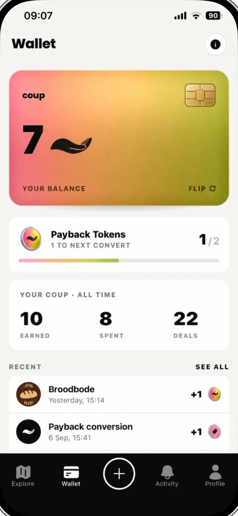 The coup wallet showing Payback tokens counting up
