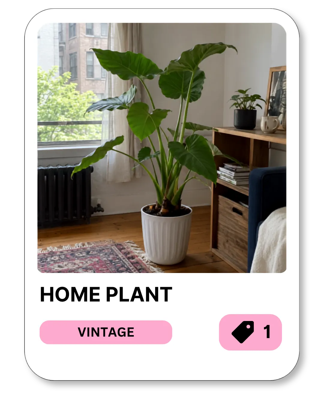 Vintage listing "Home Plant" in the coup app, priced at one token