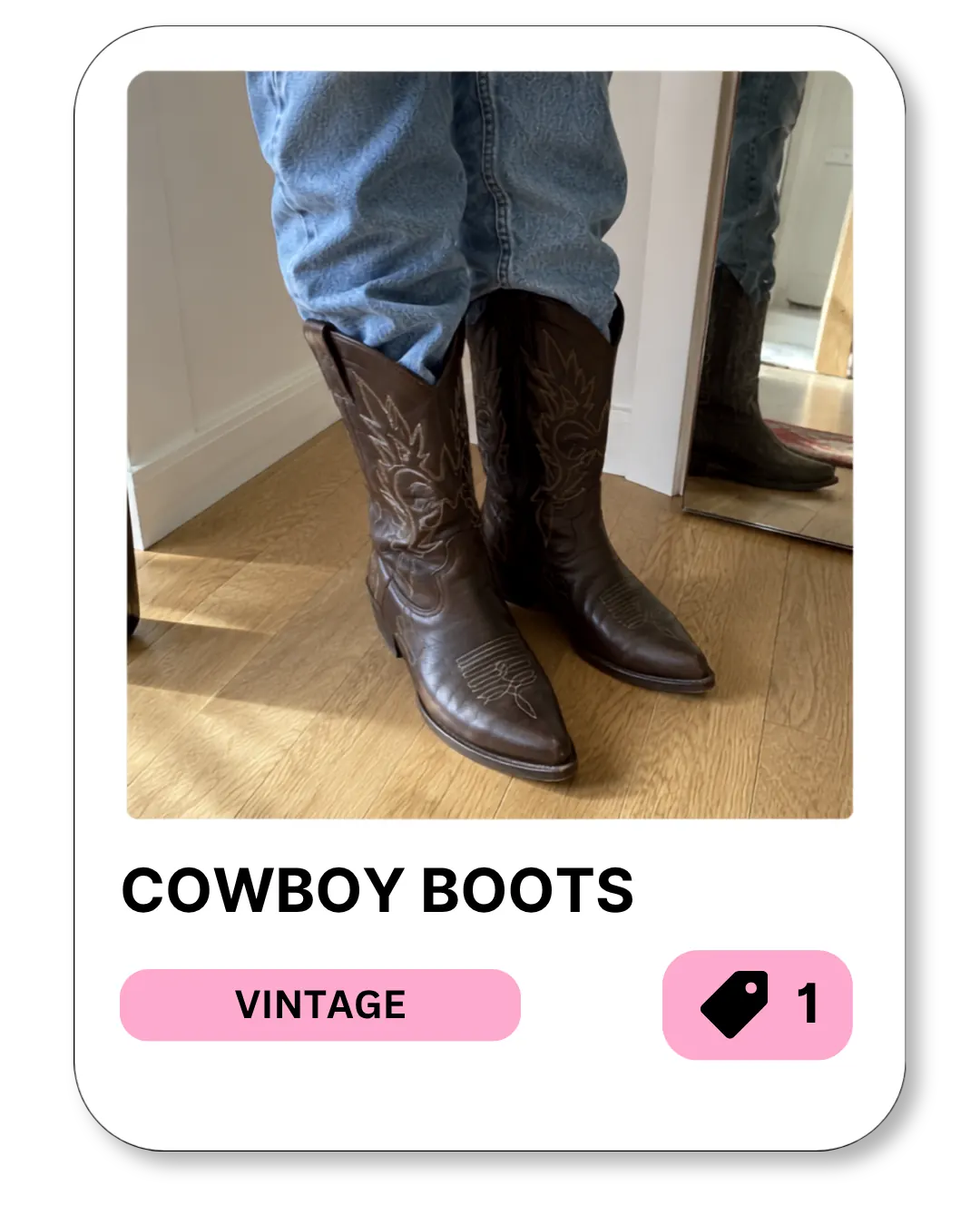 Vintage listing "Cowboy Boots" in the coup app, priced at three tokens