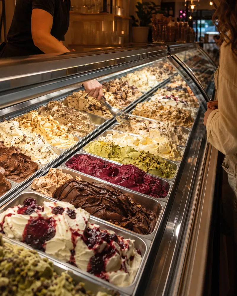 Scoops of gelato at an ice cream counter