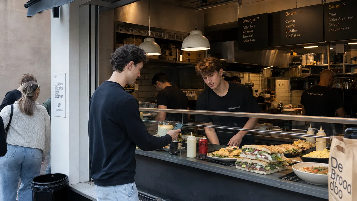 A customer checking their phone while ordering at a coup partner